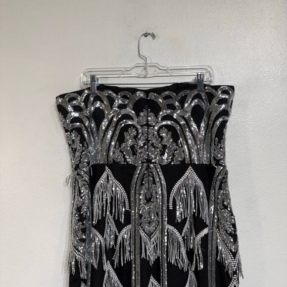 Dress the Population Black Viviana Sequin Fringe Strapless Midi Dress Sz XXL - Picture 8 of 13